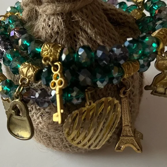 Beaded Memory Wire Bracelet with Gold Tone Charms - Picture 6 of 9